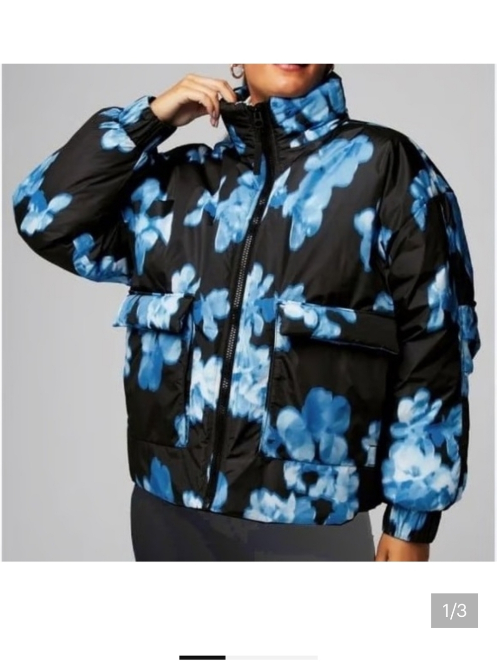 Fabletics Black and Blue Floral Puffer Jacket